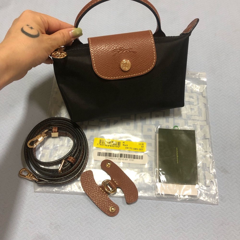 Longchamp Black Nylon Mini Top-Handle Bag with Brown Leather Trim